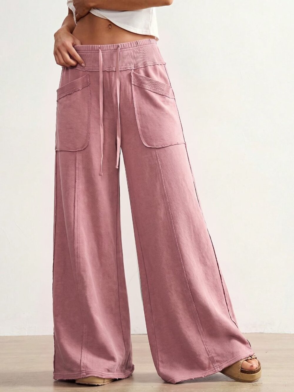 Pink Casual Women's Loose Low Waist Wide Leg Long Pants - Picture 4 of 8